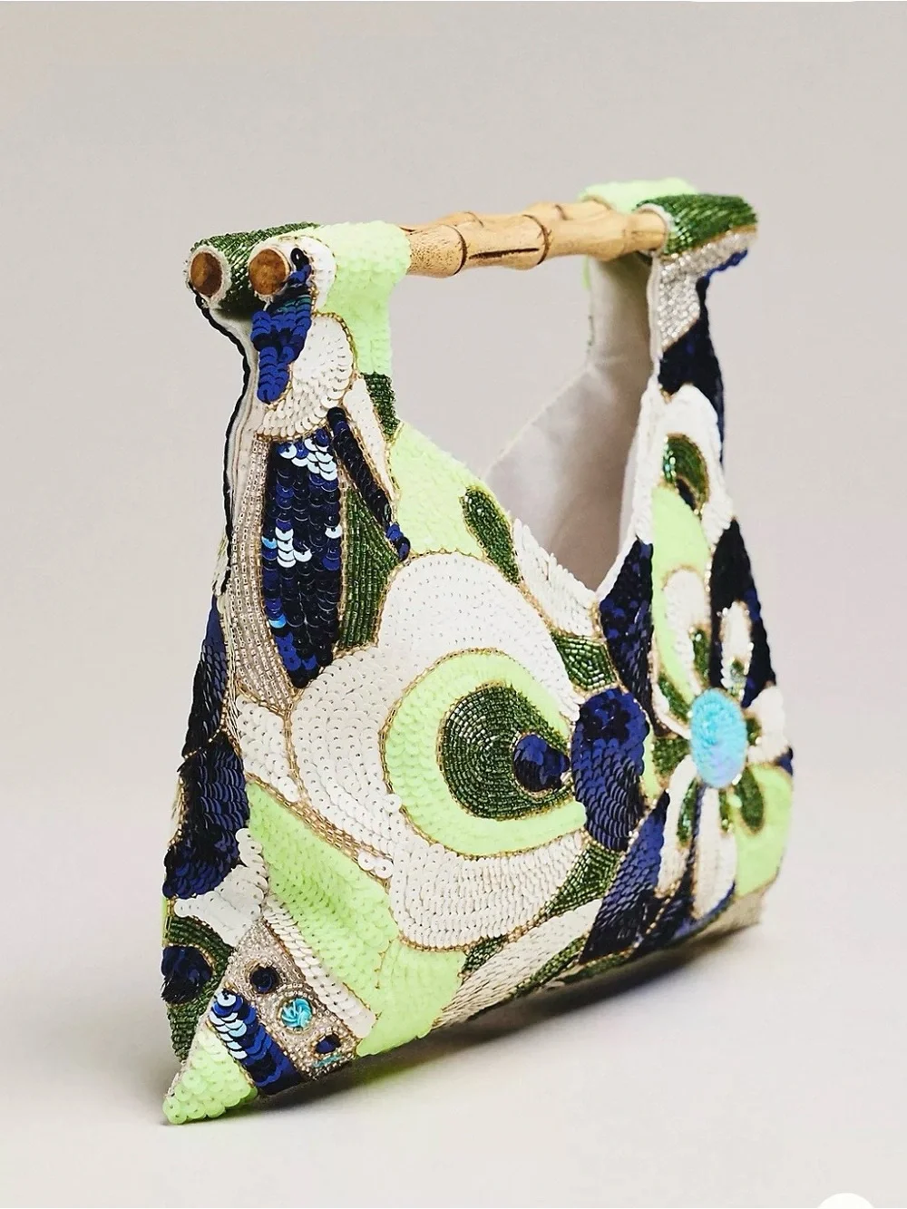 Anthropologie Sequin Floral Bamboo Handbag